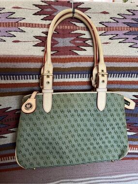 Vintage Dooney and Bourke Buckle Satchel Green Monogram Canvas DB Shoulder Bag